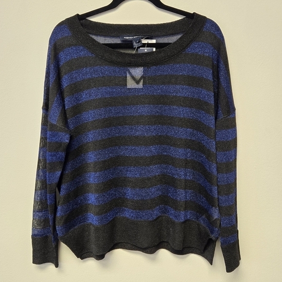 French Connection Twinkly Knit Stripe Black Cobalt Oversized T-shirt XS - Picture 2 of 9